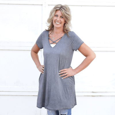 Washed Cross Vneck Pocket Dress