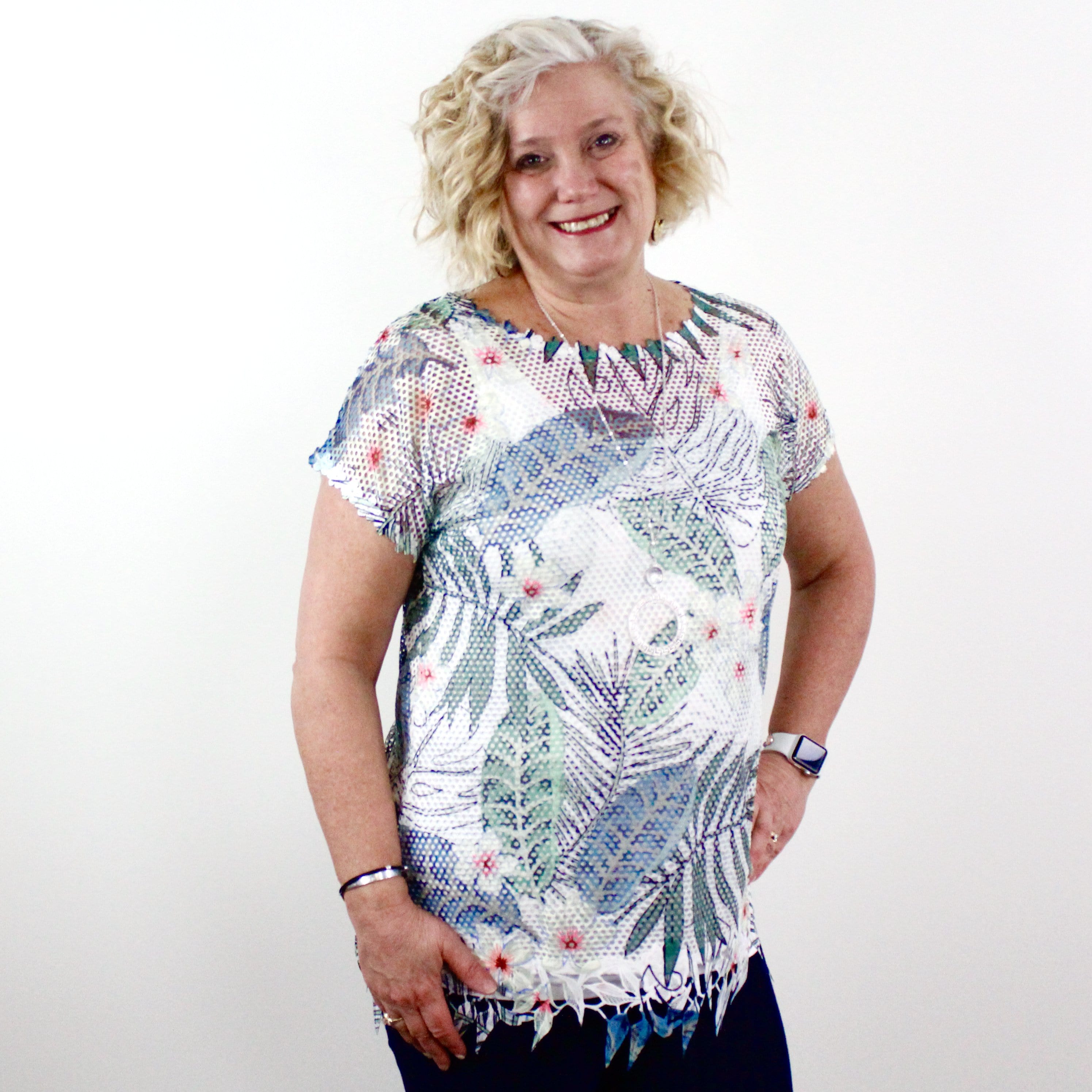 Palm Printed Mesh Raw Hem Top 2pc