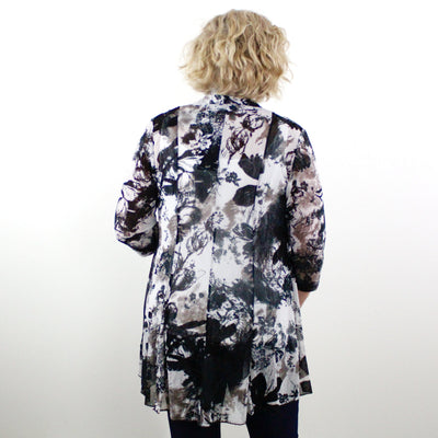 Black White Floral Print Mesh Cardigan
