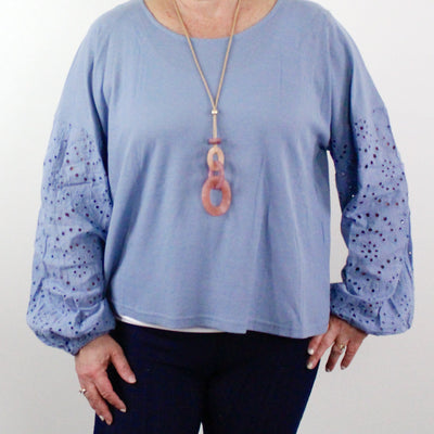 Dusty Blue Lace Puff Sleeve Waffle Knit Top