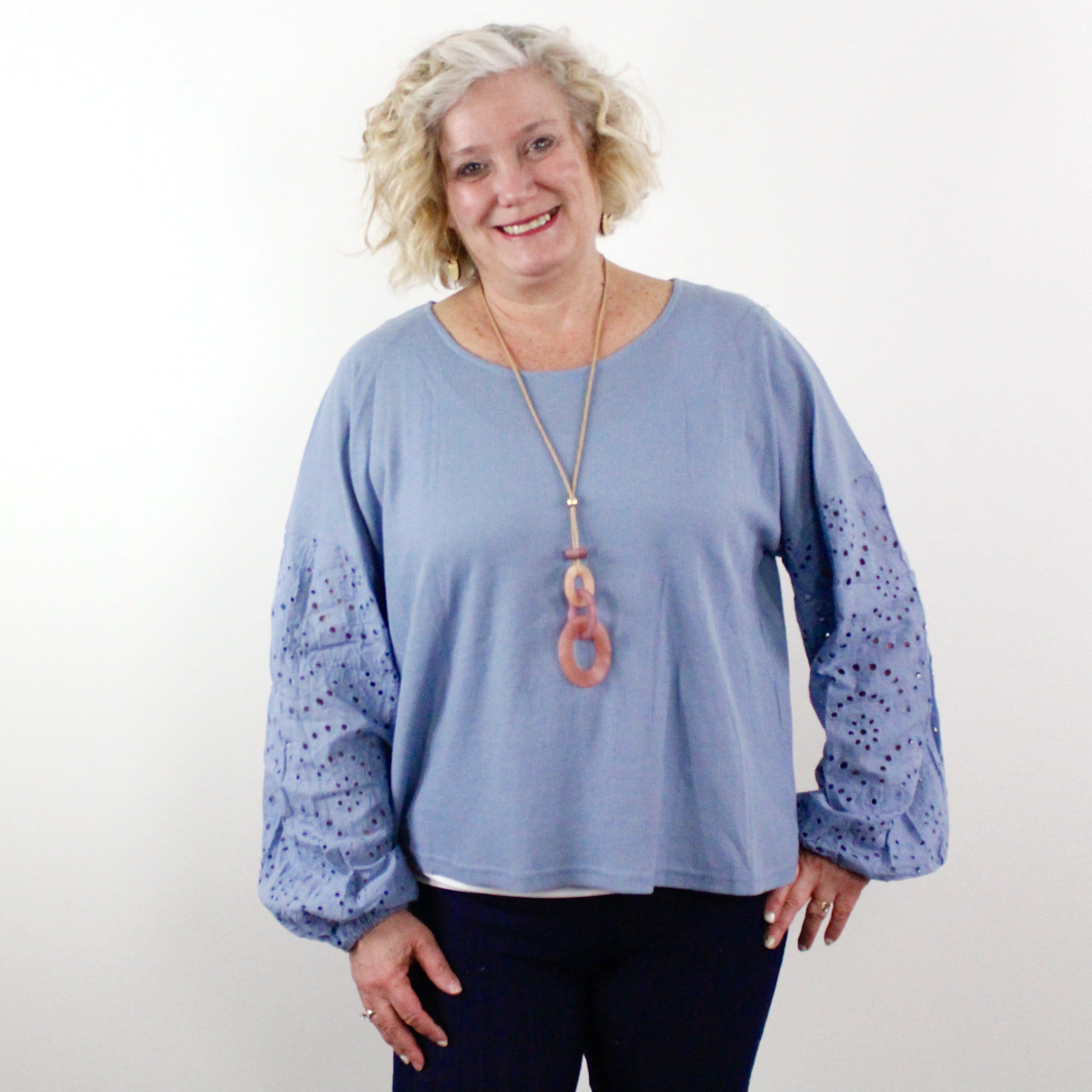 Dusty Blue Lace Puff Sleeve Waffle Knit Top