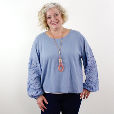 Dusty Blue Lace Puff Sleeve Waffle Knit Top