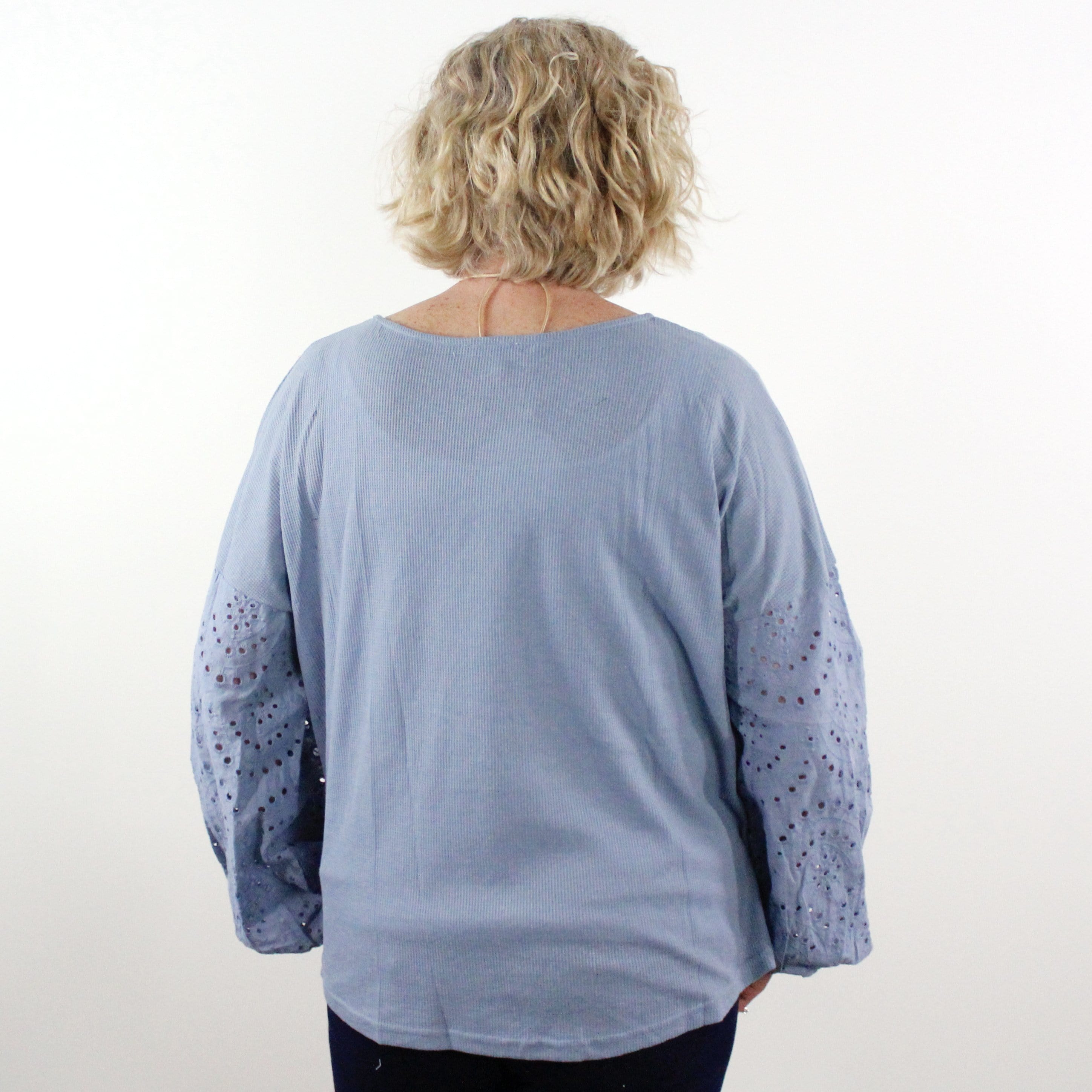 Dusty Blue Lace Puff Sleeve Waffle Knit Top