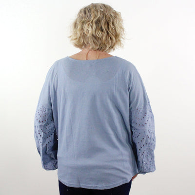 Dusty Blue Lace Puff Sleeve Waffle Knit Top