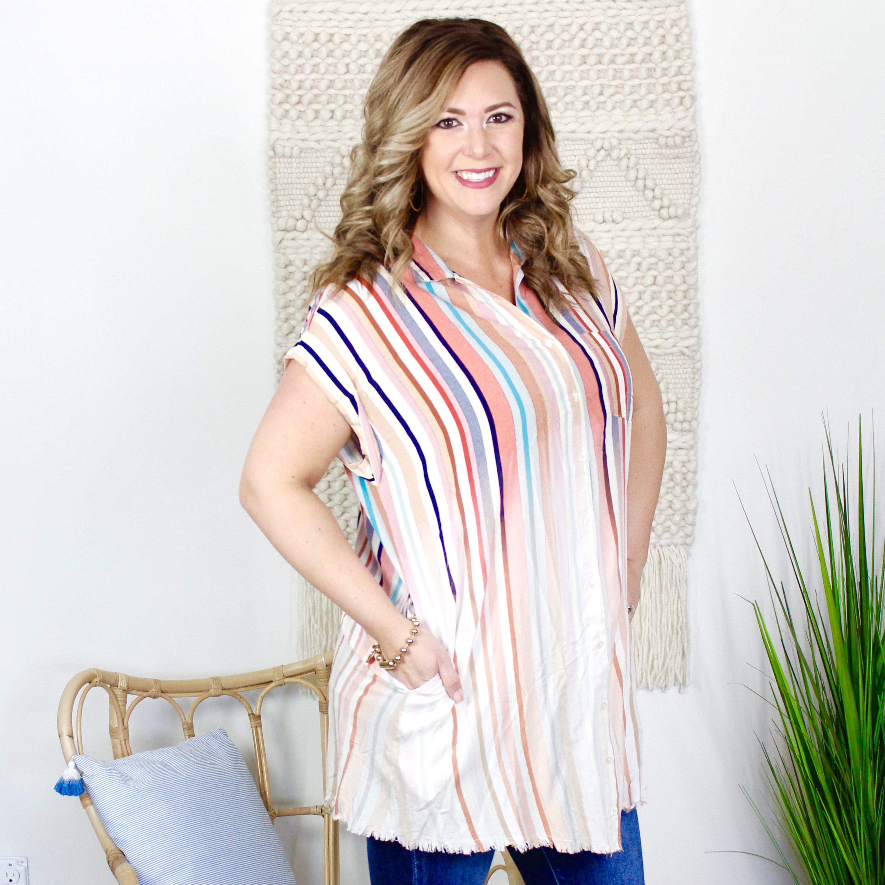 Bleached Striped Button Down Frayed Dress