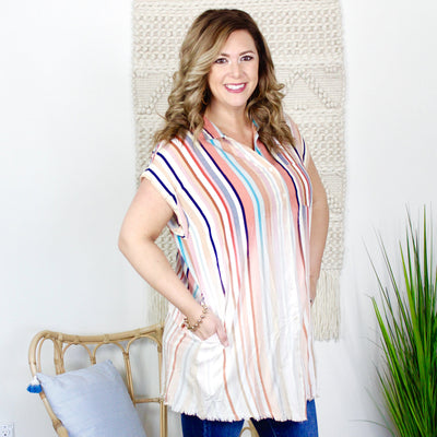 Bleached Striped Button Down Frayed Dress