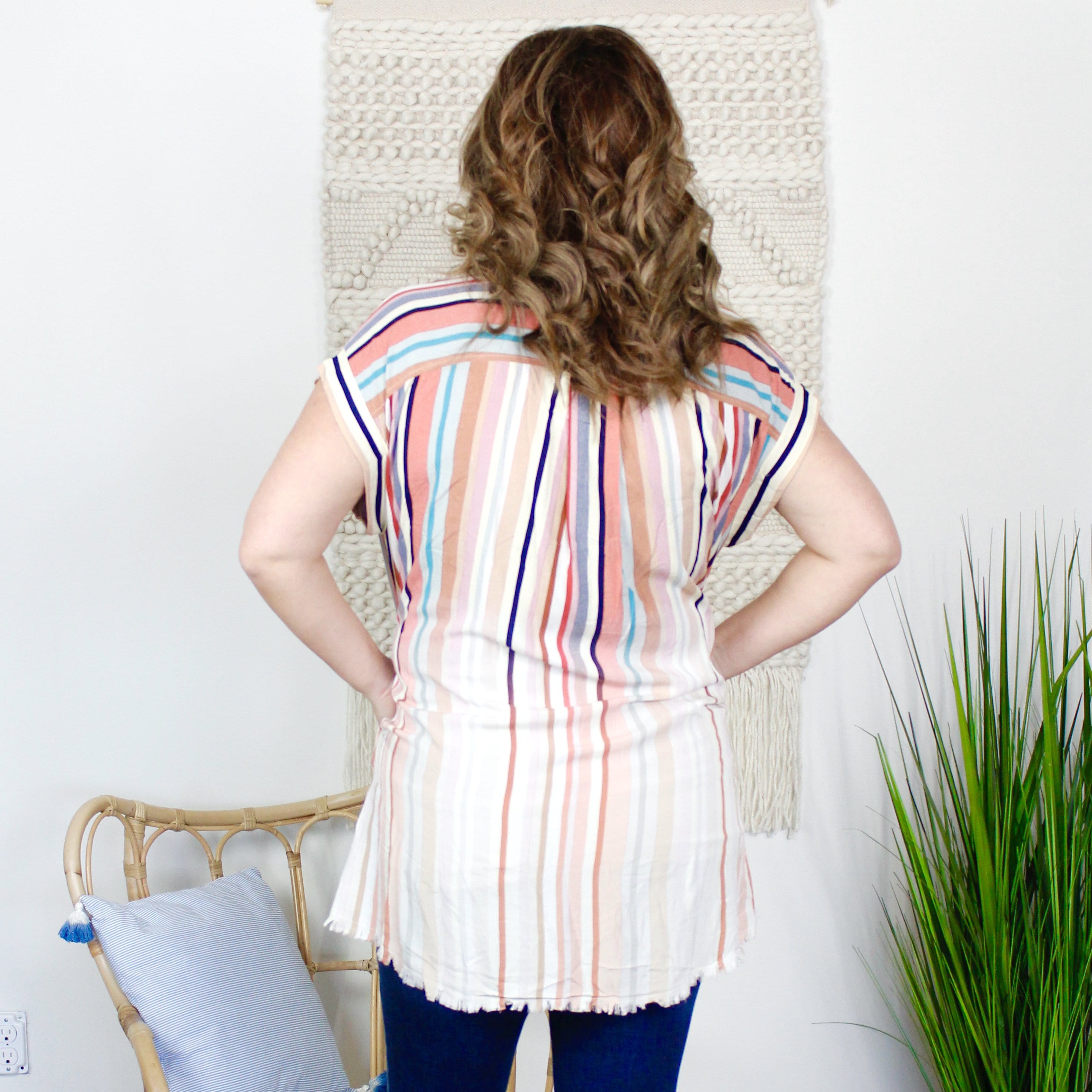 Bleached Striped Button Down Frayed Dress