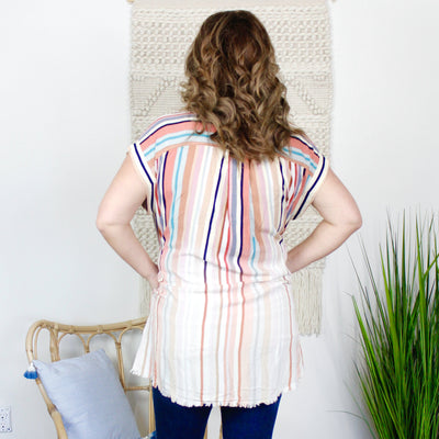 Bleached Striped Button Down Frayed Dress