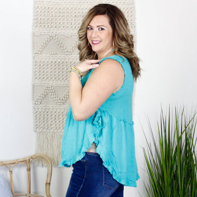 High Low Frayed Ruffle Tank Top