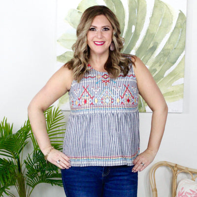 Denim Stripe Babydoll Embroidered Tank