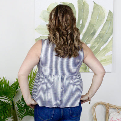 Denim Stripe Babydoll Embroidered Tank