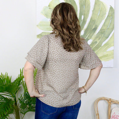 Coffee Polka Dot Double Ruffle Sleeve Top