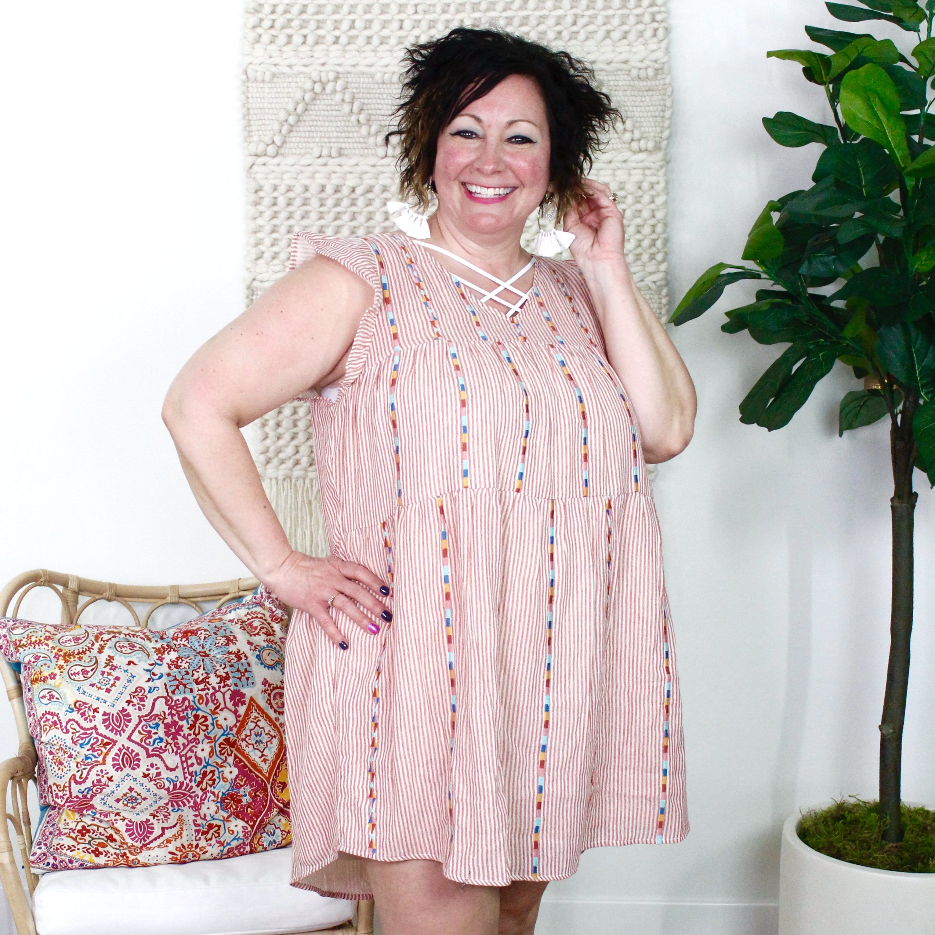Red Stripe Embroidered Detail Dress