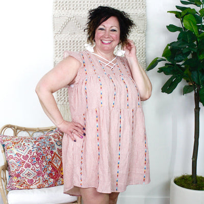 Red Stripe Embroidered Detail Dress