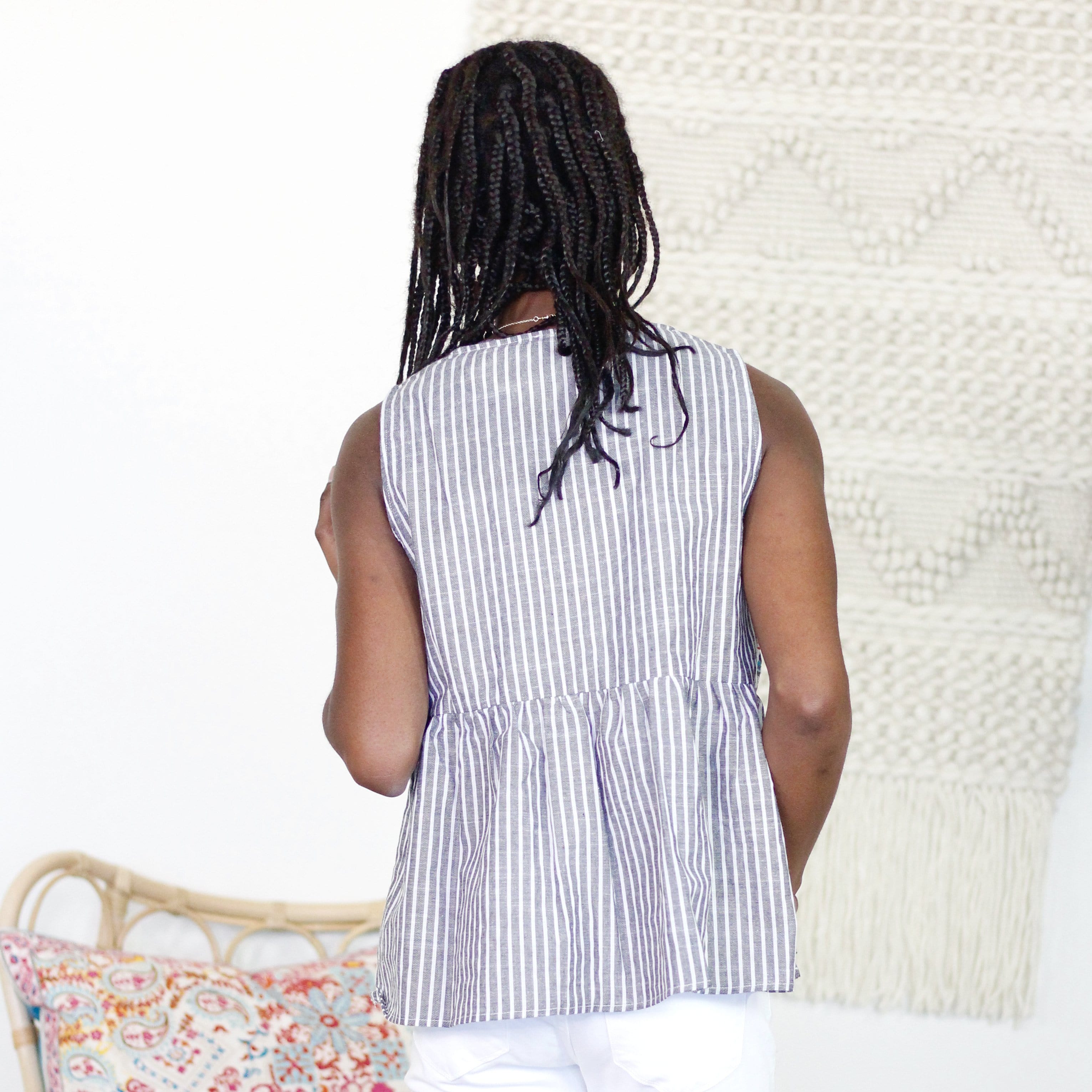 Denim Stripe Babydoll Embroidered Tank
