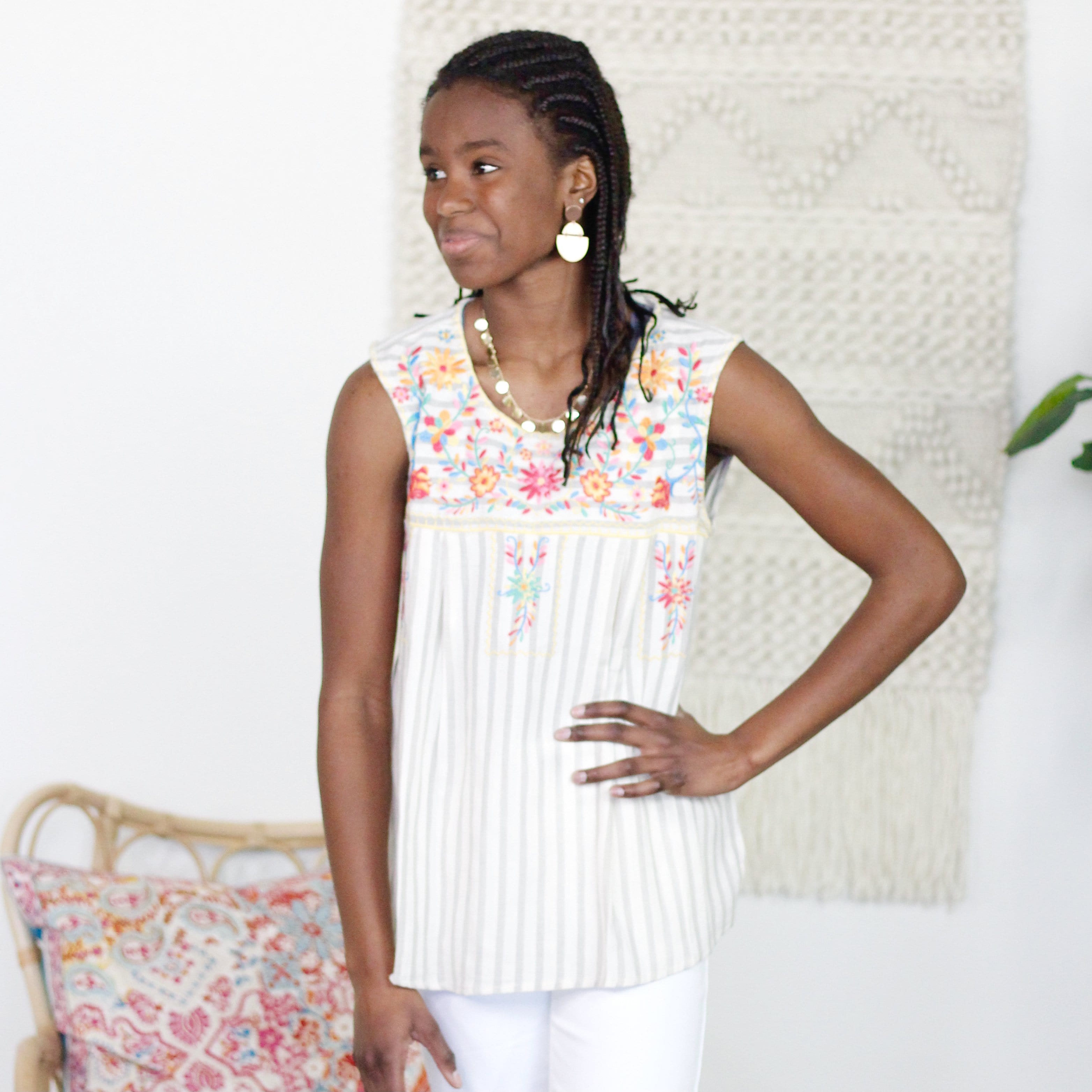 Grey Stripe Floral Embroidered Tunic Top