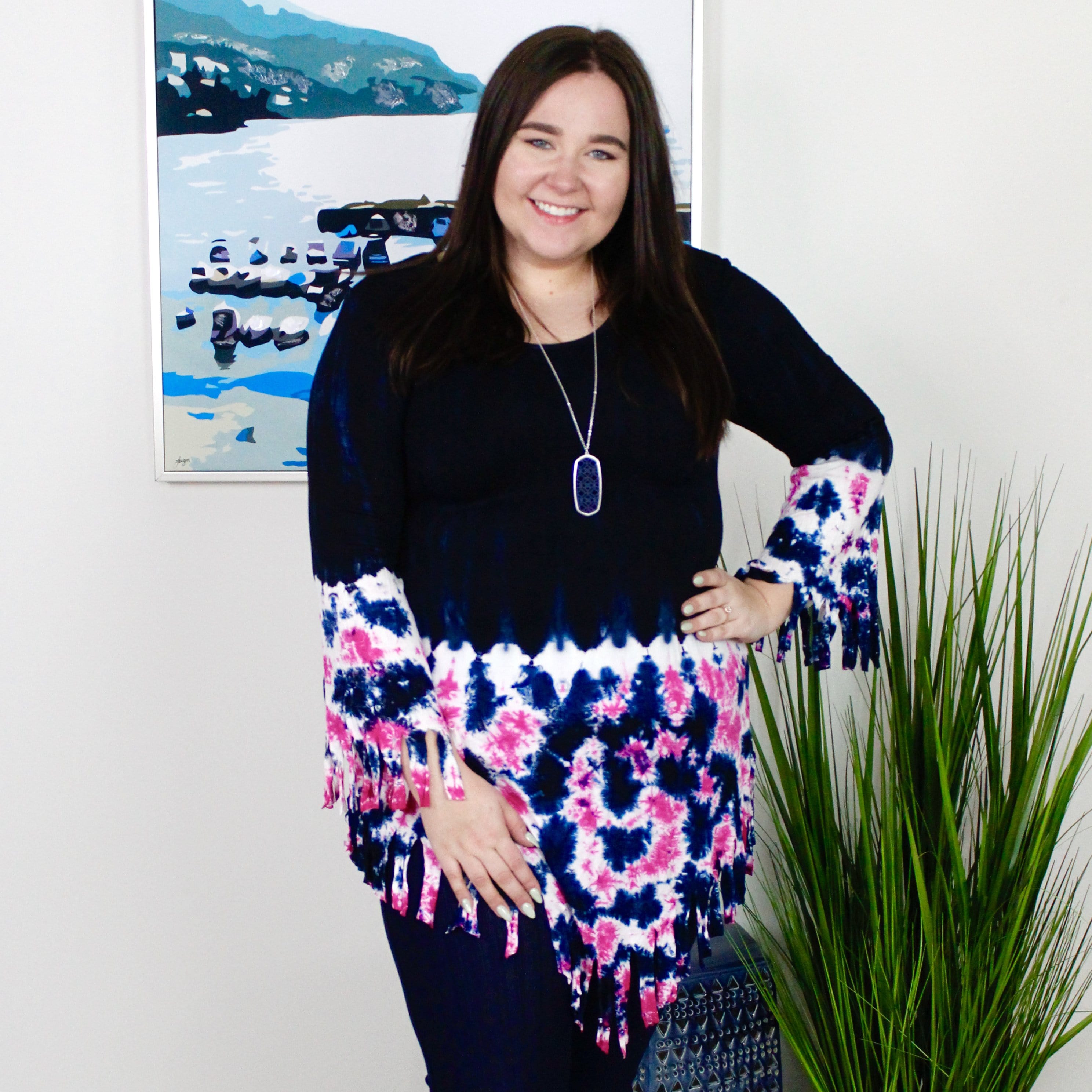 Navy Tiedye Long Sleeve Fringe Dress