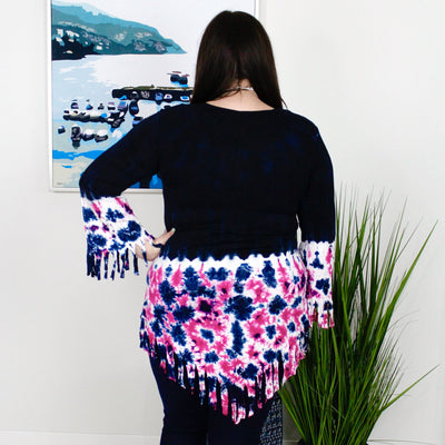 Navy Tiedye Long Sleeve Fringe Dress