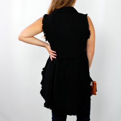 Frayed Hem Animal Button Sleeveless Tunic