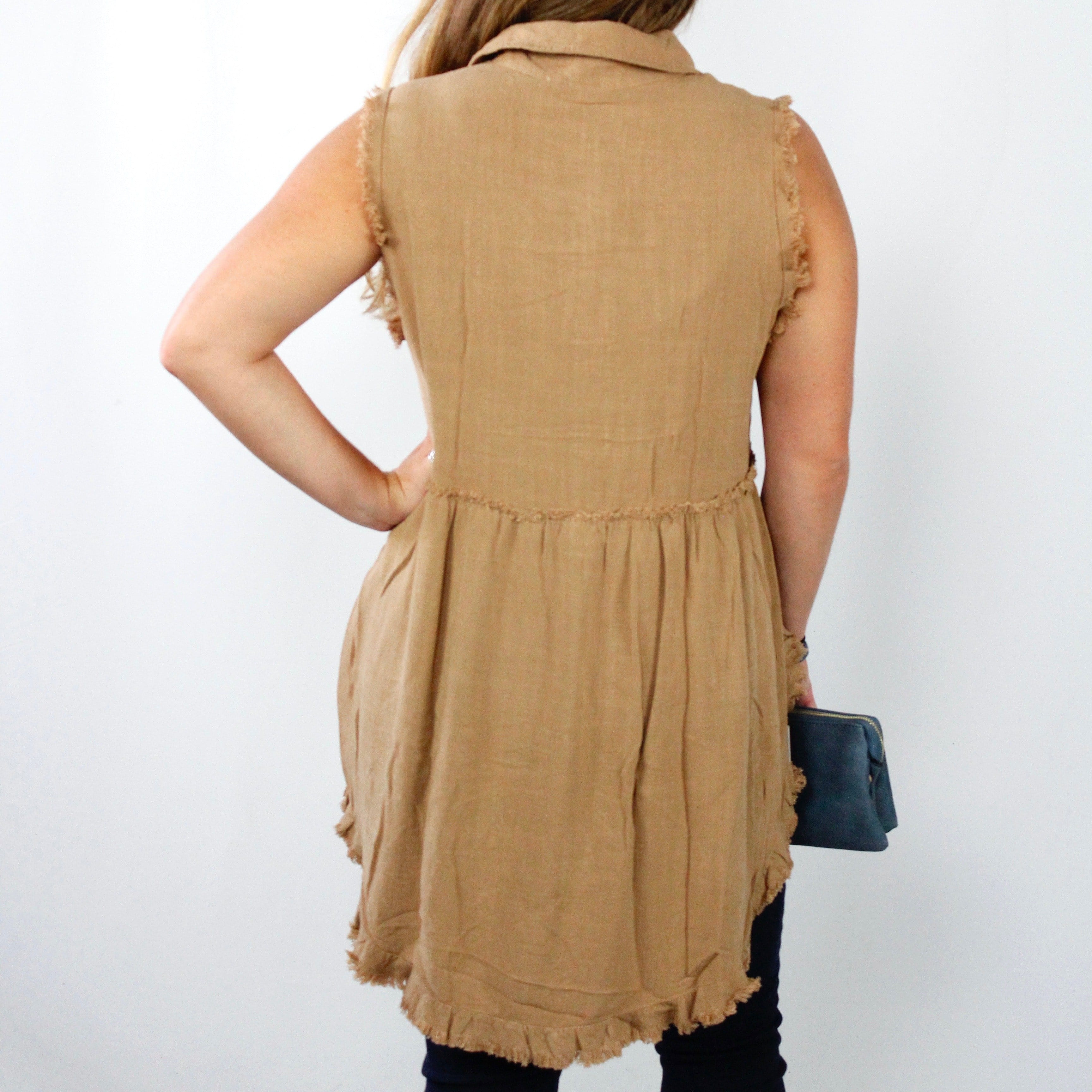Frayed Hem Animal Button Sleeveless Tunic