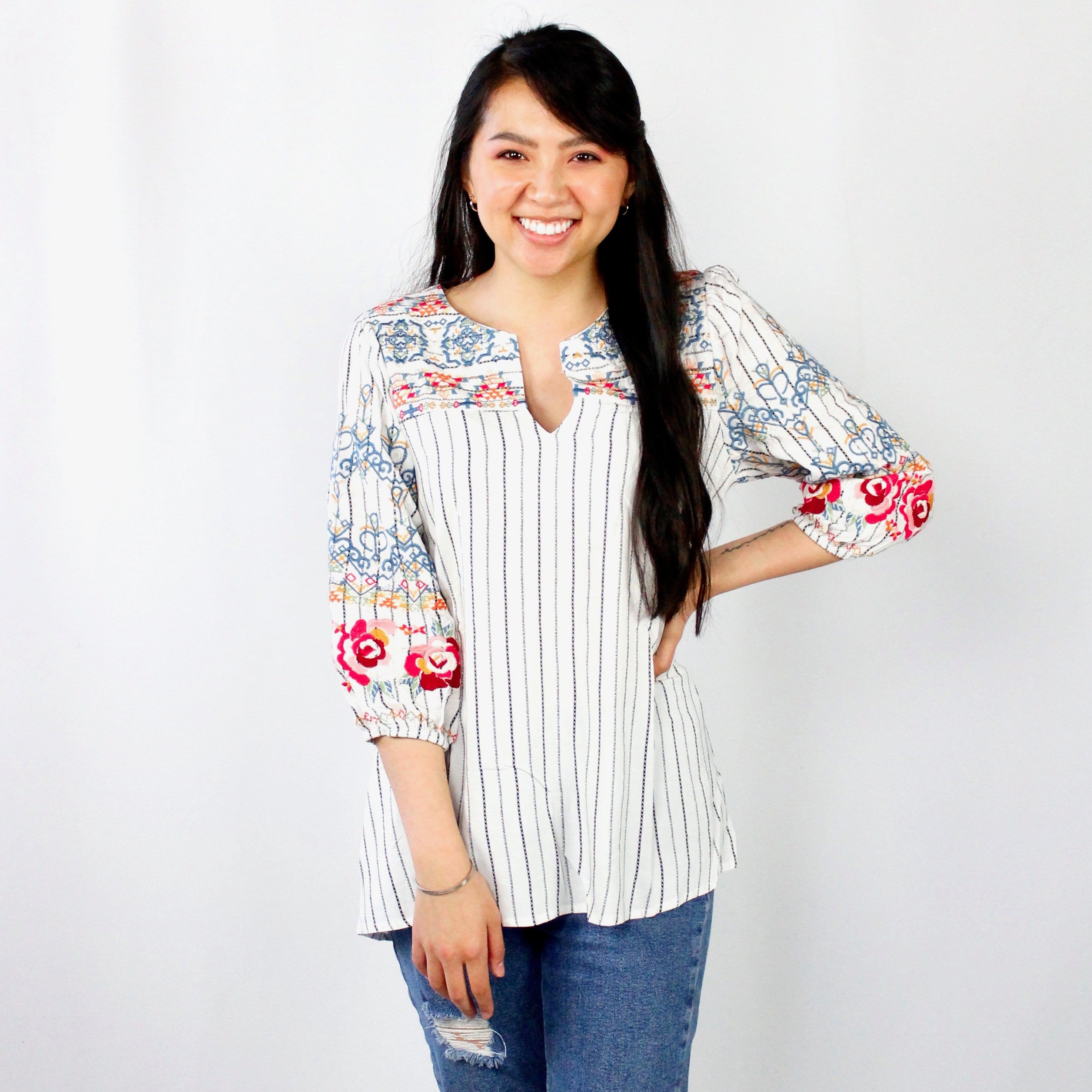 Striped Embroidered Boho Top
