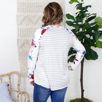Grey Stripe Floral Contrast Sleeve Top