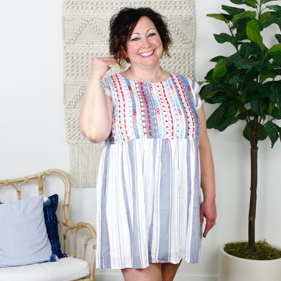 Navy Stripe Embroidered Babydoll Dress