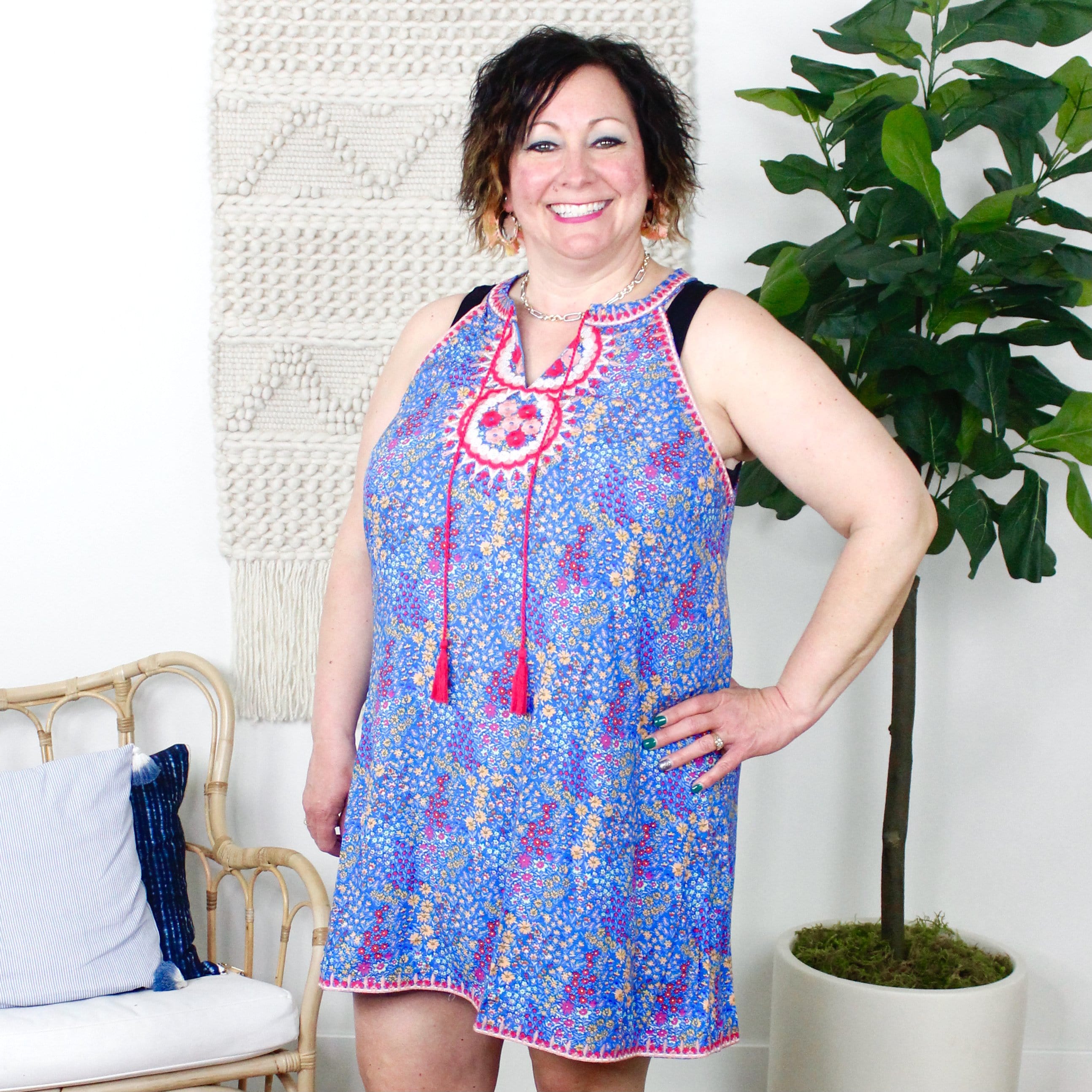 Blue Floral Printed Embroidered Dress
