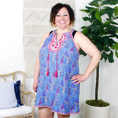 Blue Floral Printed Embroidered Dress