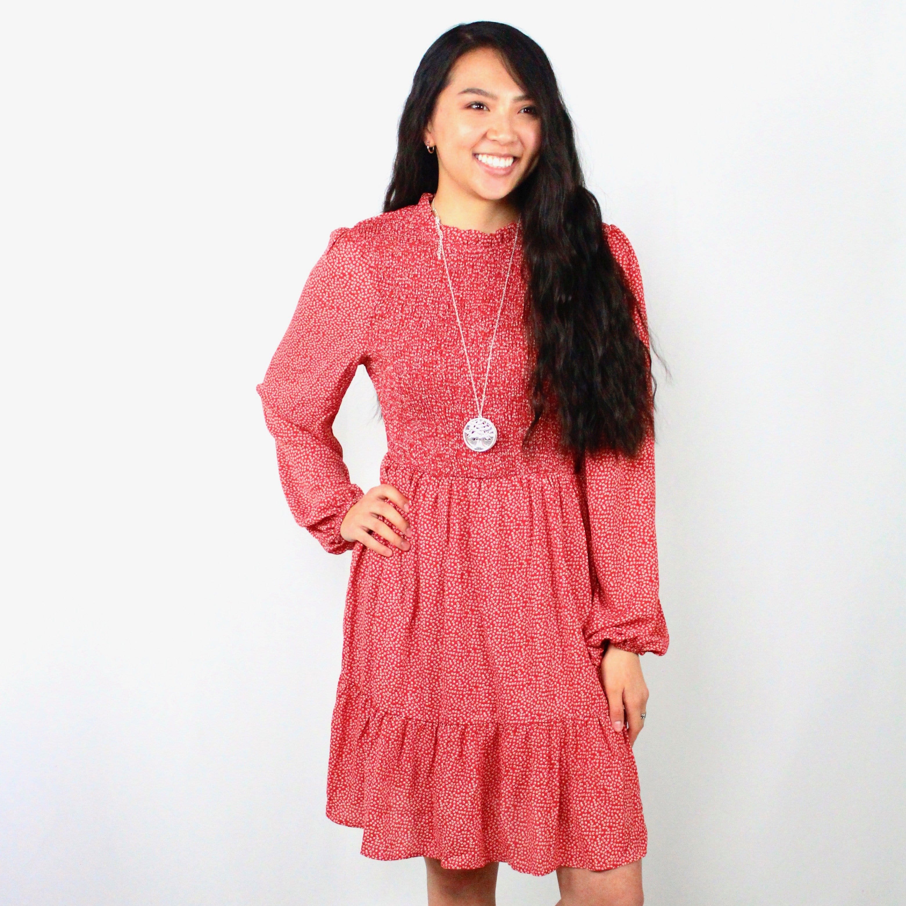 Rust Smocked Ruffle Hem Dress