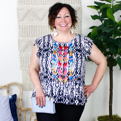 Geo Embroidered Flutter Top
