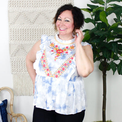 Denim Tie Dye Embroidered Babydoll Tank