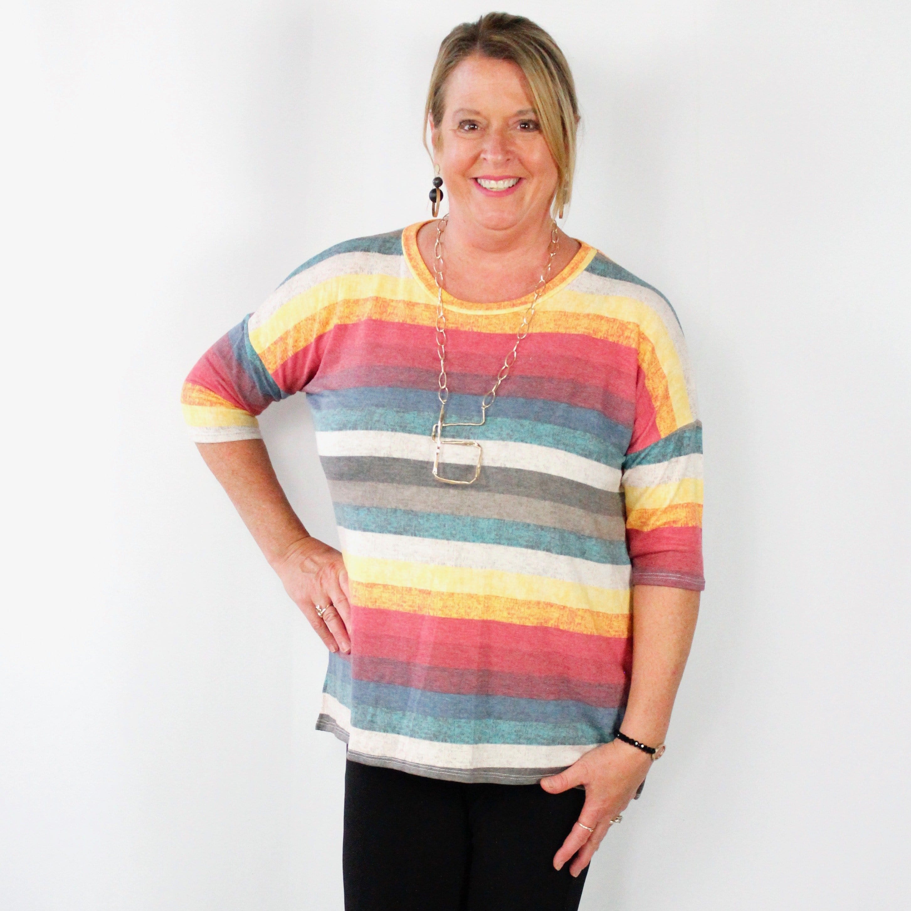 Multi Stripe 3/4 Sleeve Top Deal Steal 12-16-20