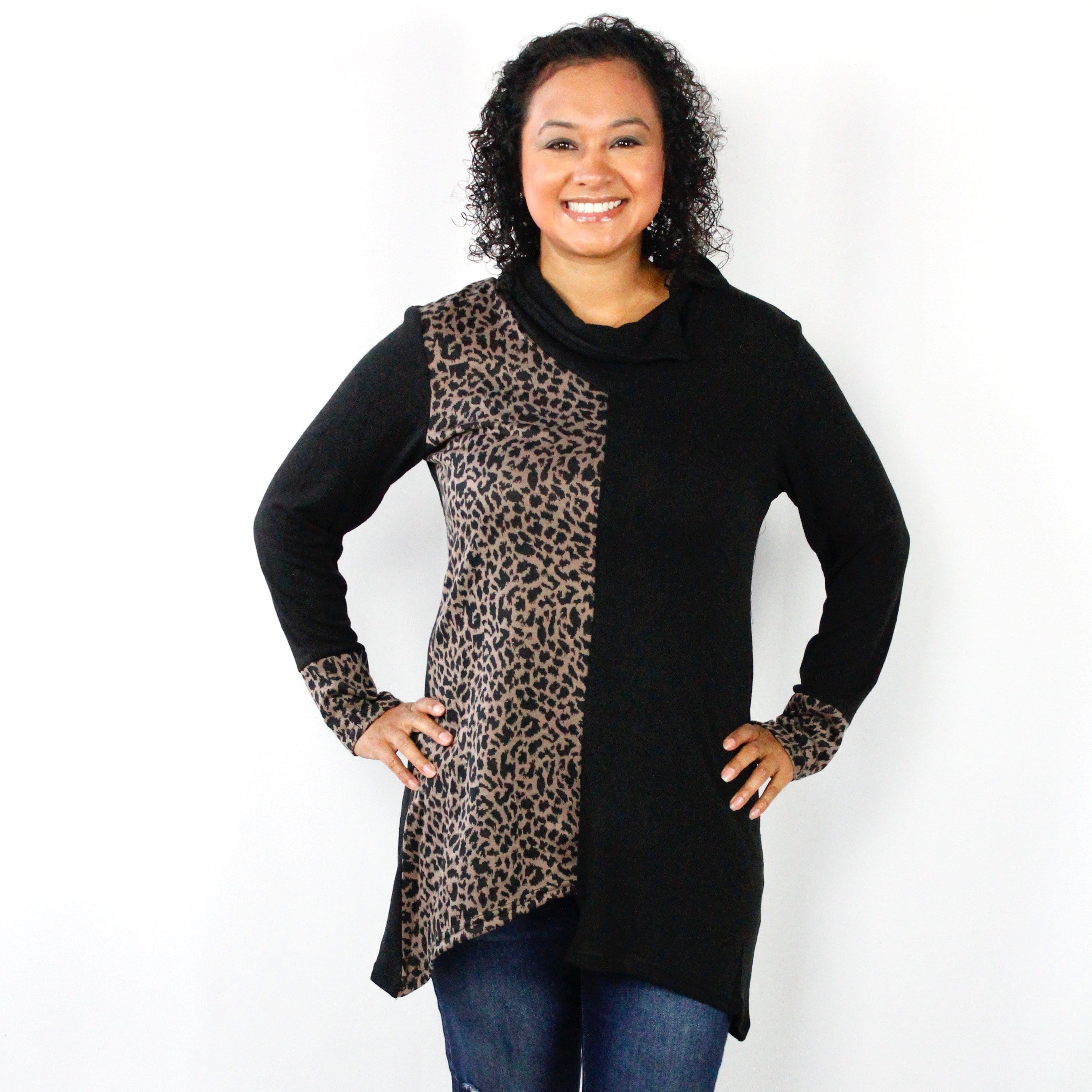 Leopard Colorblock Cowl Neck Tunic