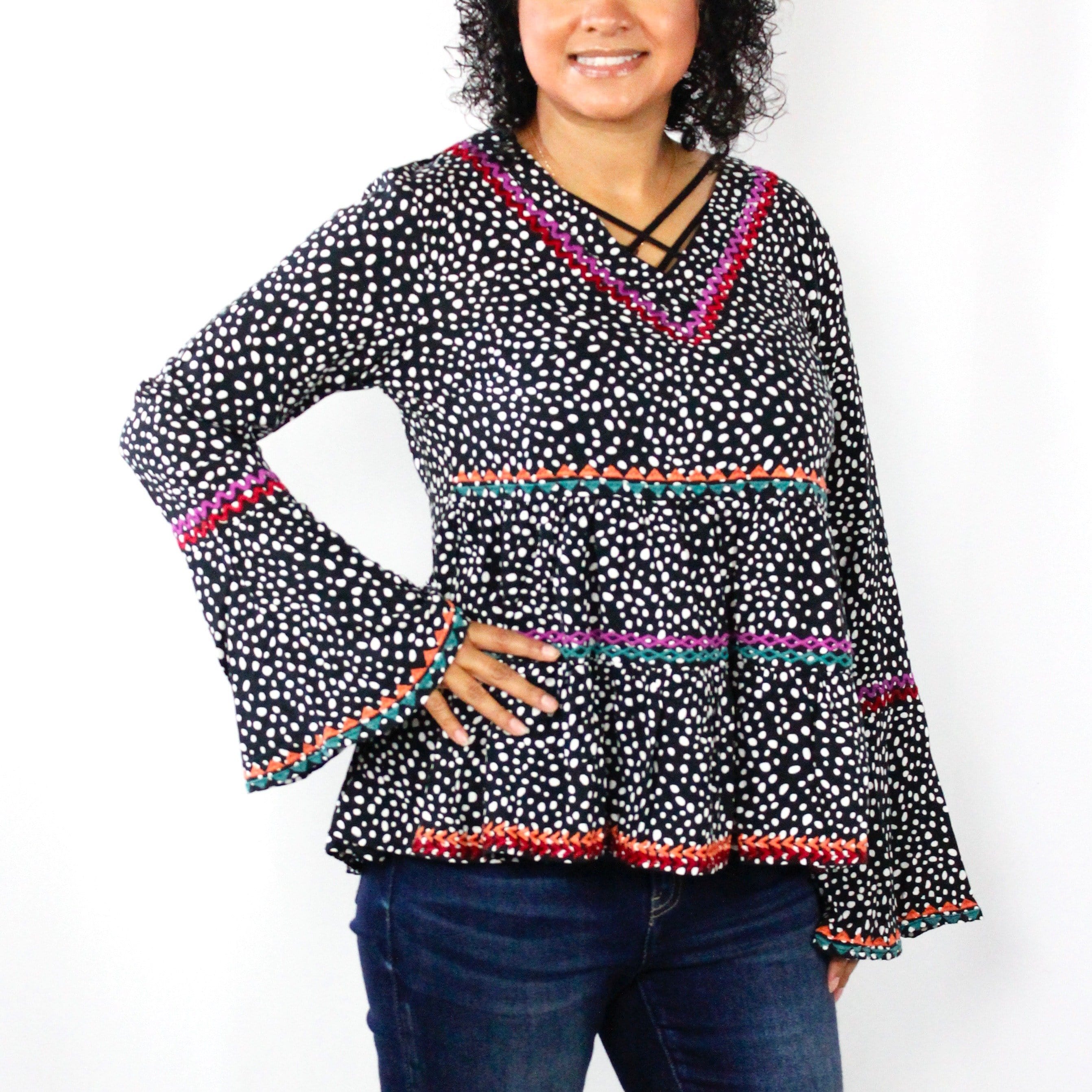 Leopard Embroidered Bell Sleeve Babydoll Top