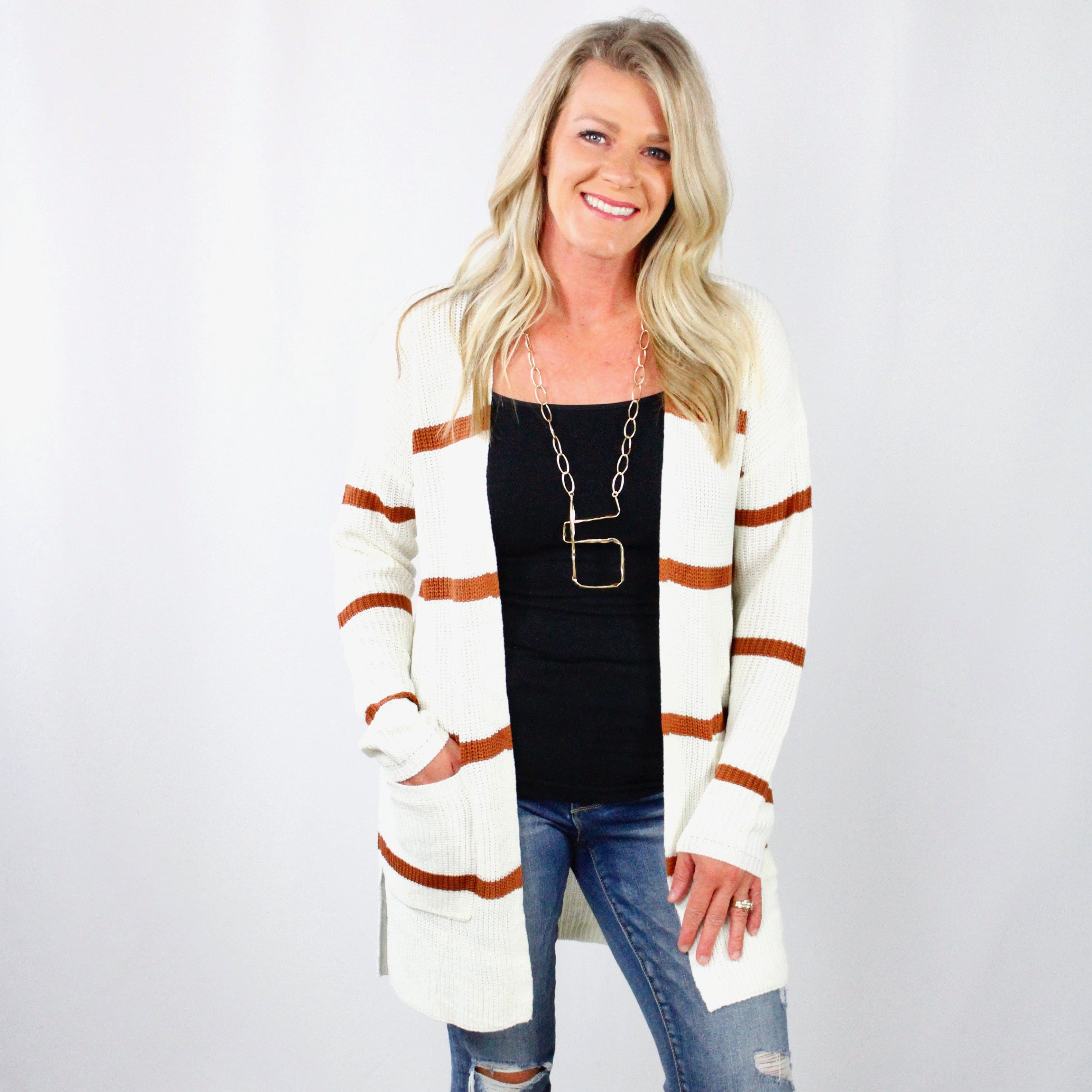 Ivory Striped Long Cardigan