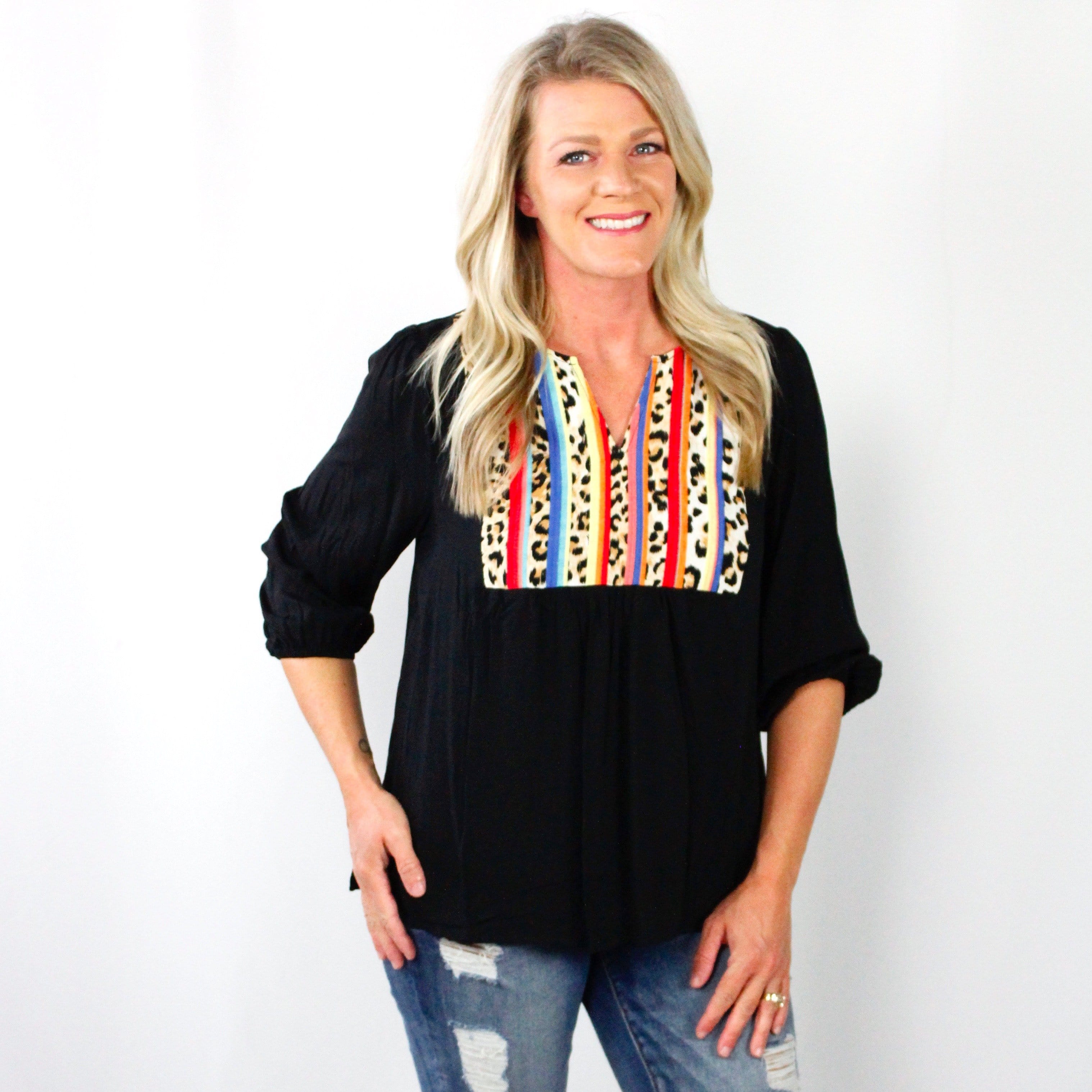 Leopard Contrast Split Neck Blouse