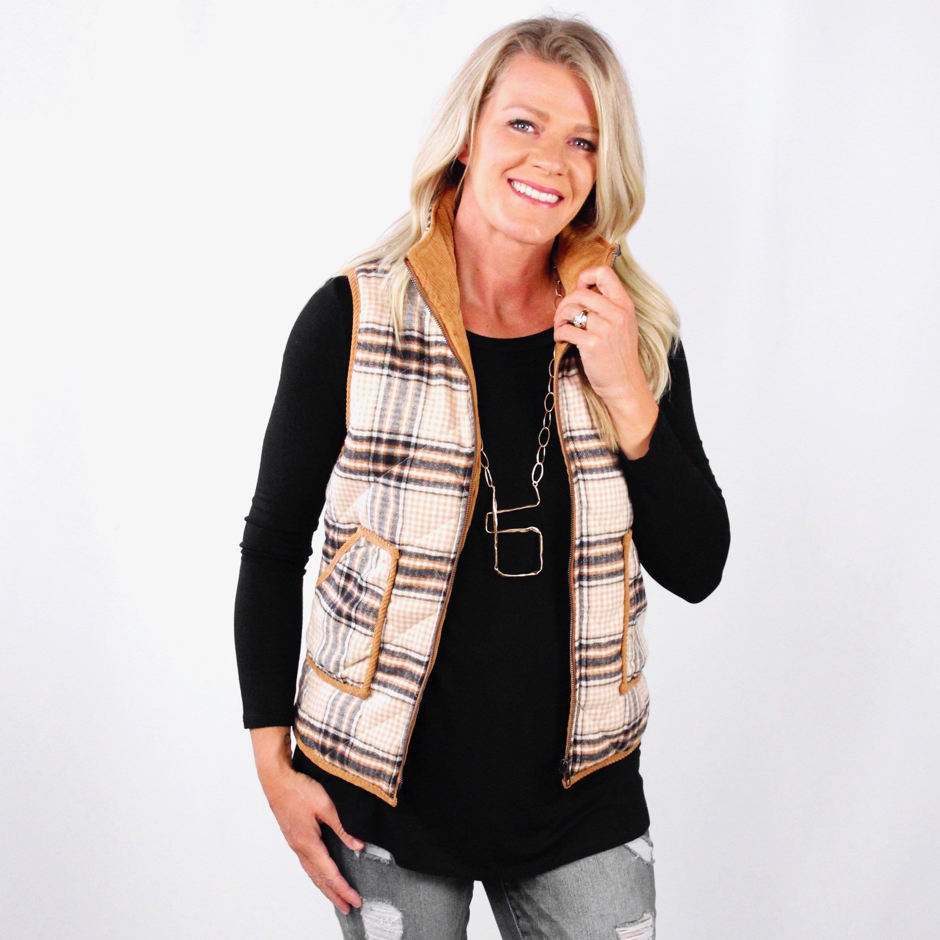 Camel Plaid Zipper Vest