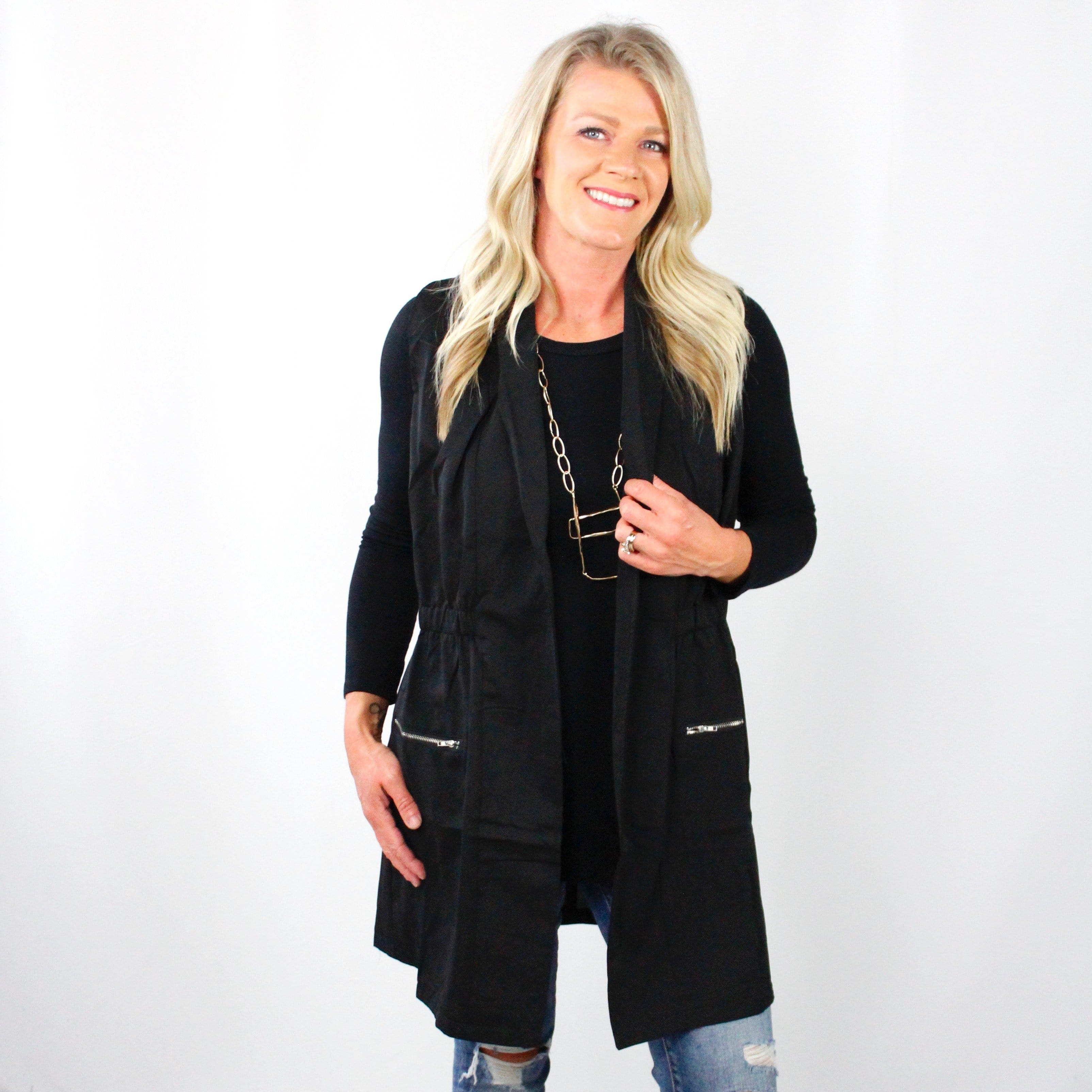 Black Snitched Waist Pocket Vest