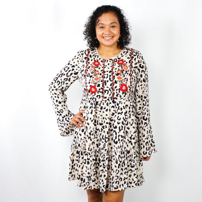 Animal Print Embroidered Ruffle Dress