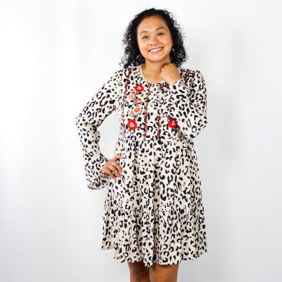 Animal Print Embroidered Ruffle Dress
