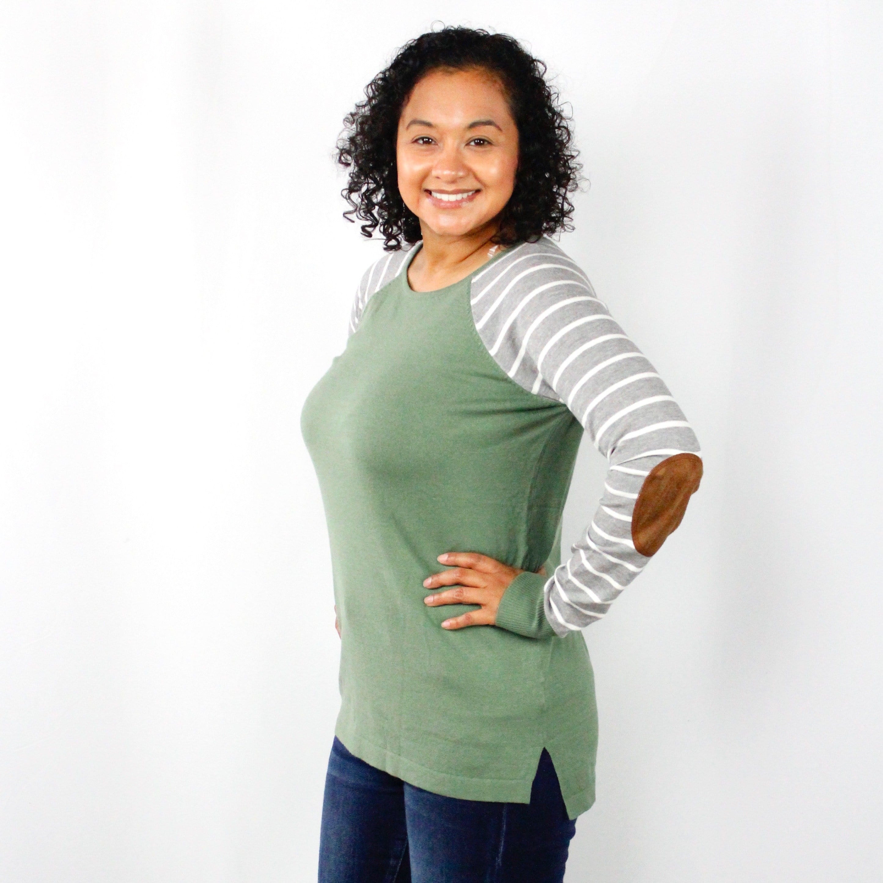 Sage Colorblock Suede Elbow Top