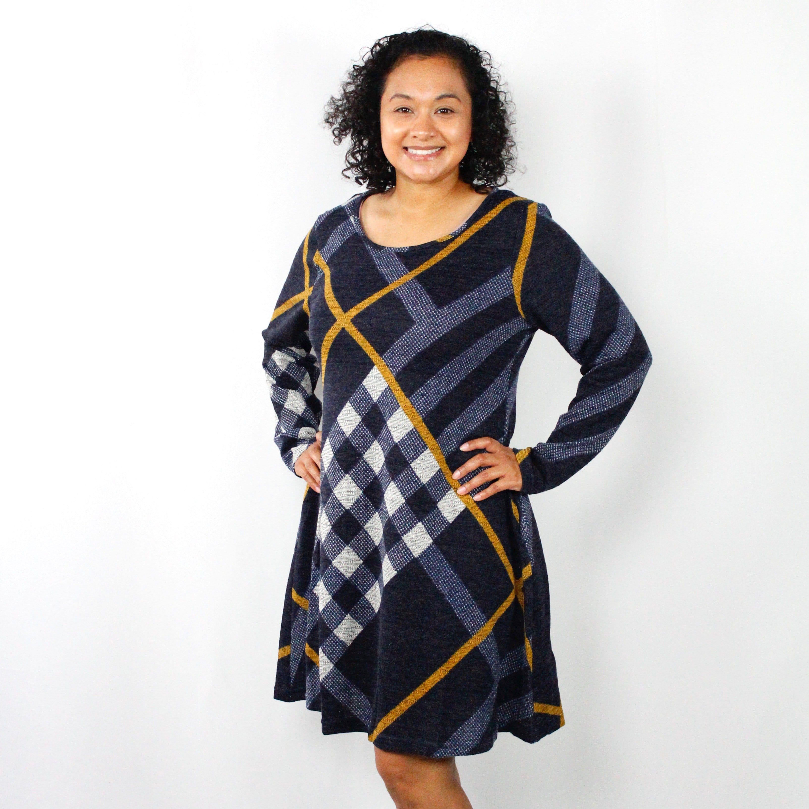 Navy Plaid A-Line Sweater Dress