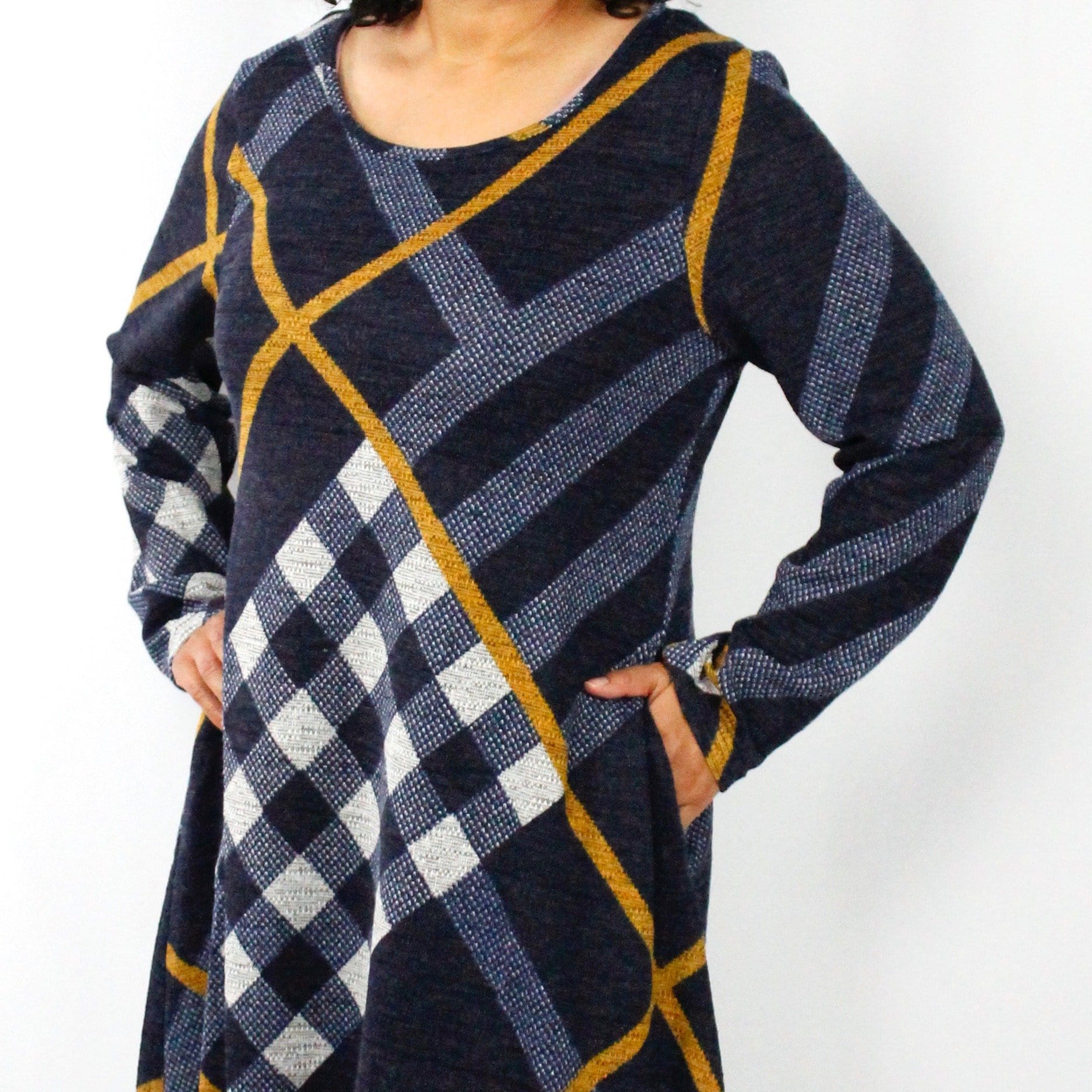 Navy Plaid A-Line Sweater Dress