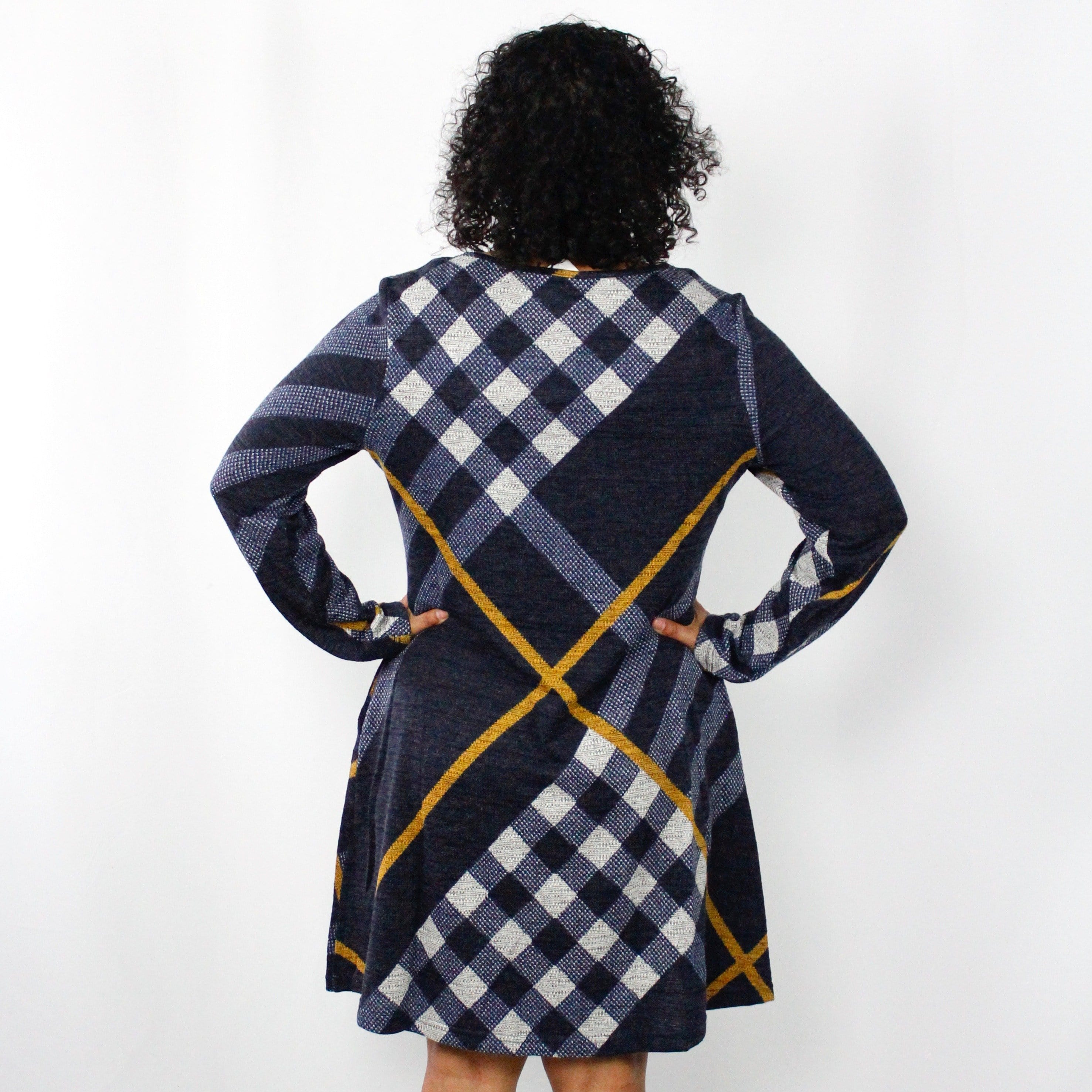 Navy Plaid A-Line Sweater Dress