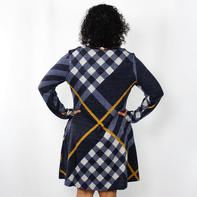 Navy Plaid A-Line Sweater Dress