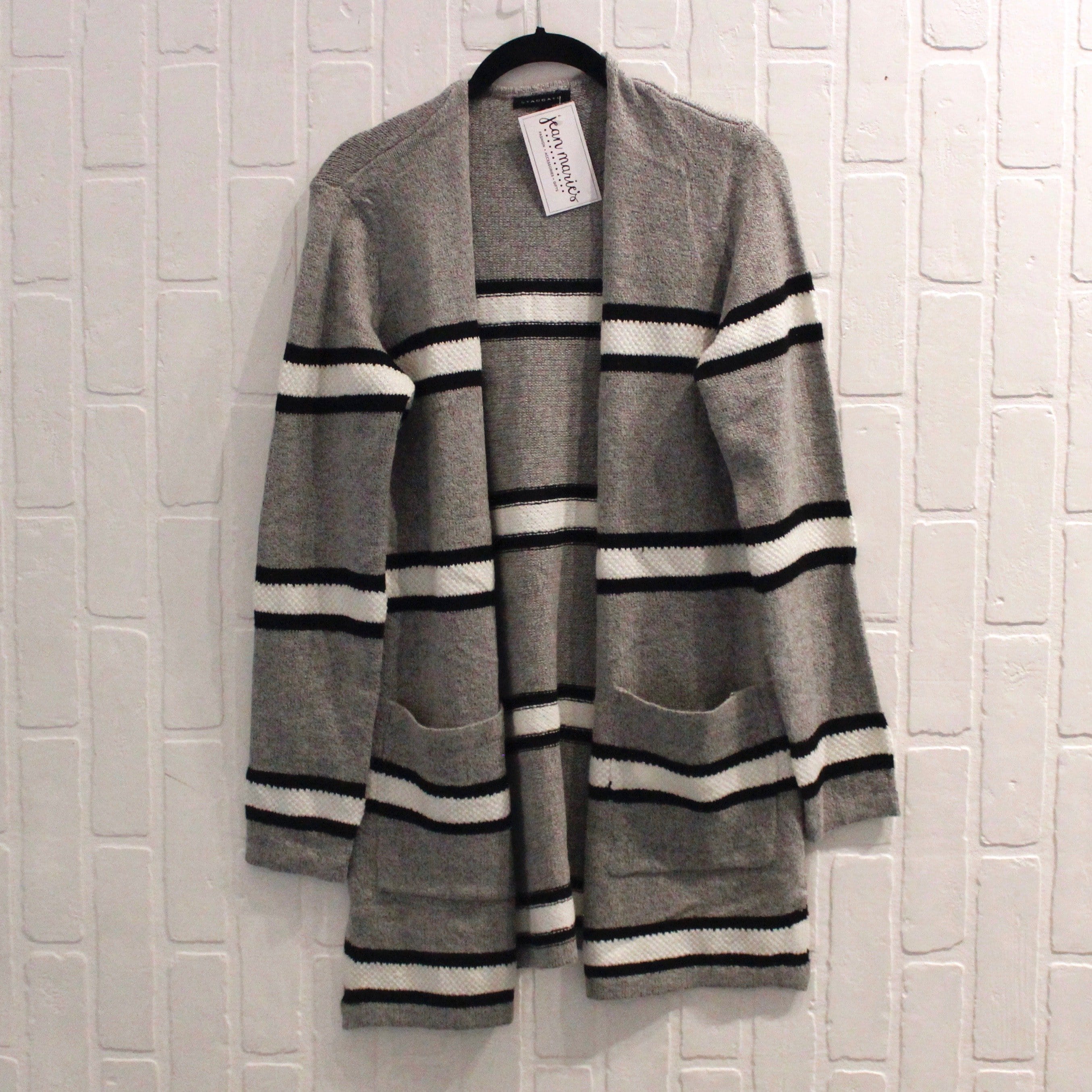 Grey Long Striped Pocket Sweater