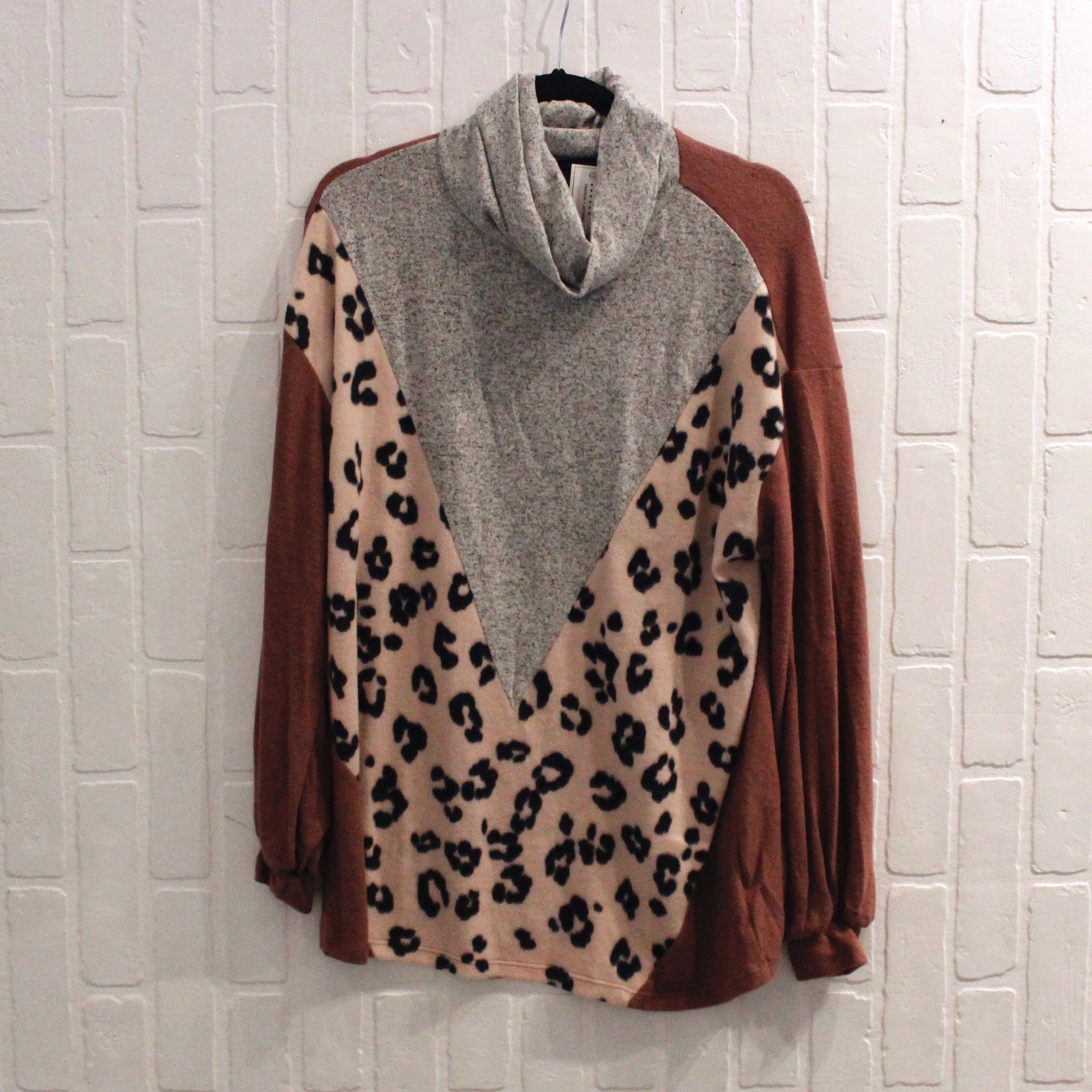 Grey Cowl Neck Leopard Detail Sweater