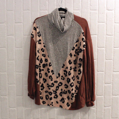 Grey Cowl Neck Leopard Detail Sweater