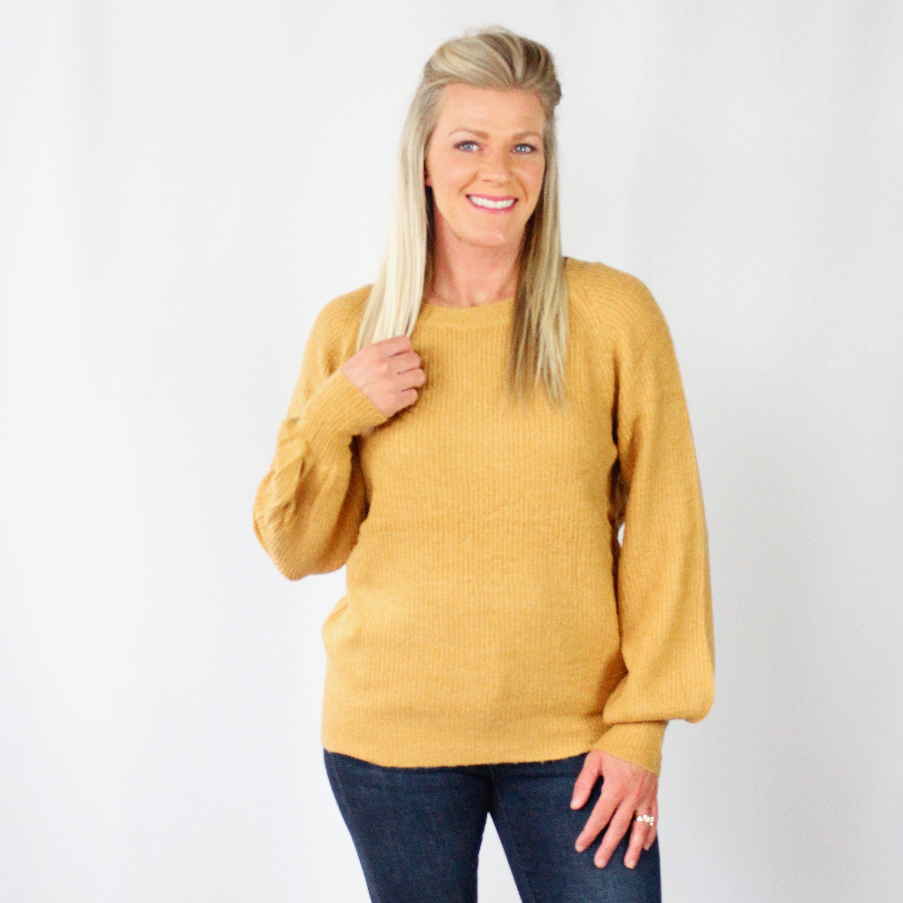 Mustard Balloon Sleeve Ribbed Sweater